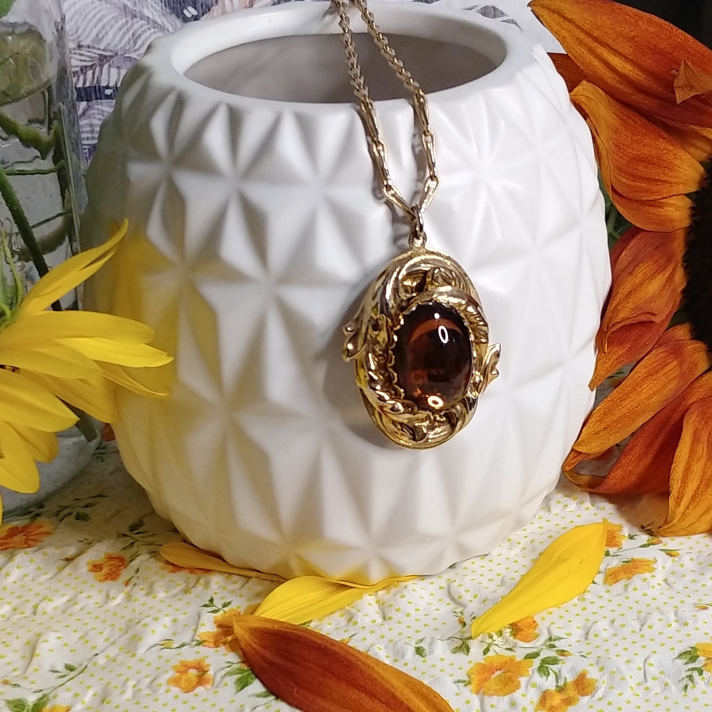 ✔Ornate Gold Pendant with Smoky Faux Gemstone